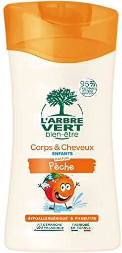 L'Arbre Vert Bien-être Corps et cheveux Enfants Parfum Pêche - pH Neutre et Hypoallergénique et PH Neutre - 95% d'ingrédients d'origine naturelle - 250mL