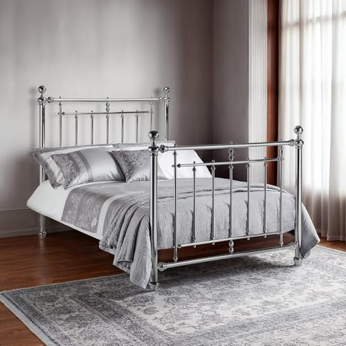 Julian Bowen Empress Metal Bed, Double, Chrome - W145 x D205cm | Victorian Style Bed Frame, 135cm/4ft6, No Box Spring Needed, High Headboard & Footboard, Vintage Detailing