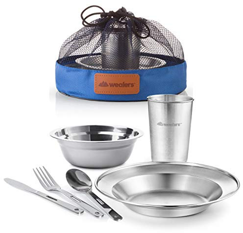 Wealers Juego completo de vajilla único de acero inoxidable pulido, vajilla, camping, bufé, incluye tazas, platos, cuencos, cubiertos, viene en bolsas de malla (una sola persona, azul)