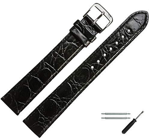 MARBURGER Uhrenarmband 16mm Leder Schwarz Silber XL Kroko Prägung Mit Naht - Montage Set 6811610000120