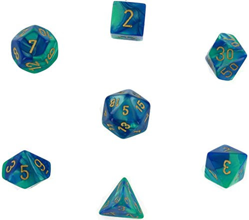 Polyhedral 7-Die Gemini Dice Set: Blue / Teal with Gold (d4, d6, d8, d10, d12, d20 & d00)