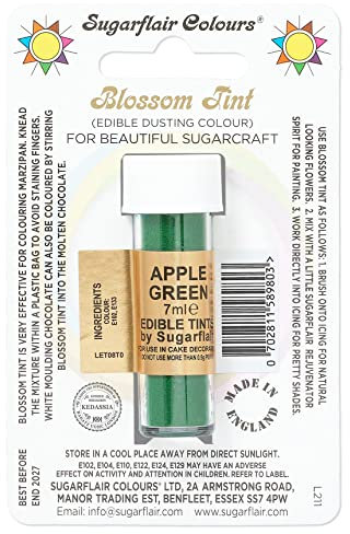 Sugarflair Blossom Tint Apple Green Food Colouring and Dusting Powder, Matt Finish, Brush On or Mix with Rejuvenator Spirit to Create a One of A Kind Cake - 7ml