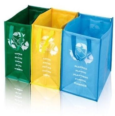 Mülltrenner oder Recycling Säcke mit drei Farbunterteilungen sowie Beschriftungen für Glas, Papier und Plastik - eine saubere Lösung