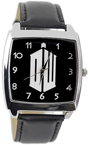 Taport® Quadratische Armbanduhr aus schwarzem Echtleder für Dr. Who-Fans