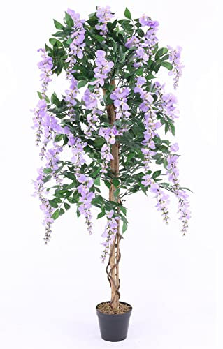 kunstpflanzen-discount.com Künstlicher blühender Goldregen Baum 150cm mit Ranken am Naturstamm und hängenden violetten Blüten im Zementtopf
