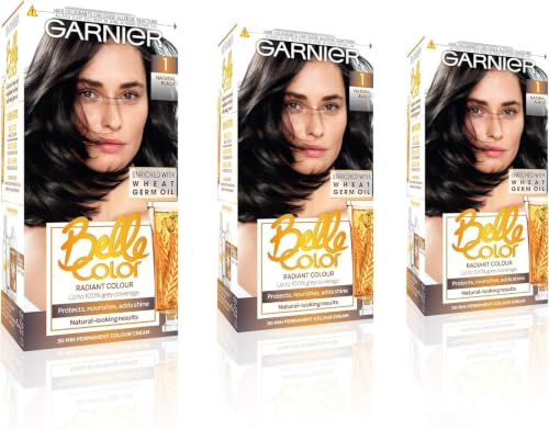 Garnier Belle Color Black Hair Dye Permanent, Natural looking Hair Colour, up to 100% grey coverage - 1 Black Pack of 3