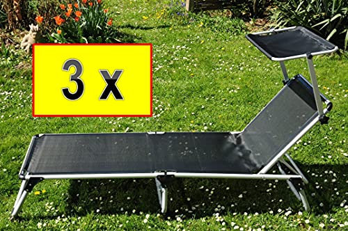 Liege, 3 x Sonnenliegen mit Sonnendach Dach, 3 Relaxliegen PREMIUM Strandliegen, 3 Stück Gartenliegen extrem wetterfest, klappbar, tragbar, seewasserfest, bequem und stabil, große Liegefläche ca. 195 x 62 cm, Textilene-Aluminium, Alu mit Sonnenschutzdach, Dreibeinliege faltbar, verstellbare Klappliege, anthrazit-metallic silber, Strandliegen, Sonnenliegen, Liegestühle, Gartenstühle, Picknickliegen, Gartenmöbel Holz, Feldbetten