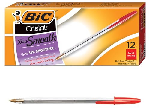 BIC® Cristal® Ballpoint Pens, Medium Point, 1.0 mm, Clear Barrel, Red Ink, Pack Of 12