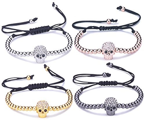 Unendlich U Fashion Schädel Totenkopf Damen Kinder Armband Geflochten Baumwollseil Legierung Zirkonia Kugeln Beads Verstellbar Armreifen, 4 Farbenoptionen(4 Stücke)