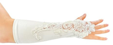 LadyMYP© Edele Brauthandschuhe/Stulpen mit Fingerschlaufe, fingerlos, weiß & ivory (hellcreme, elfenbein)