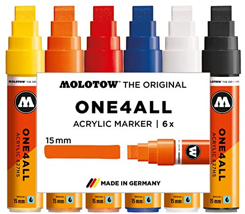 Molotow One4All 627HS Acryl Marker Basic-Set 1 (15,0 mm Strichstärke, Blockspitze, hochdeckend und permanent, UV-beständig, für fast alle Untergründe) 6 Stück sortiert