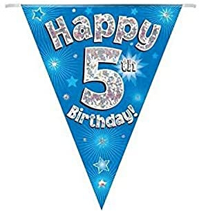 Party Bunting Happy 5th Birthday Blue Holographic 11 flags 3.9m