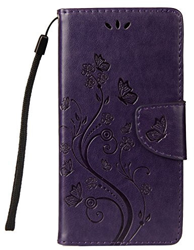 LEMORRY Handyhülle für Wiko Jerry Hülle Tasche Ledertasche Flip Beutel Slim Schutz Magnetisch Schließung Stehening SchutzHülle Weich Silikon Cover Schale für Wiko Jerry, Glückliche Gras Violett