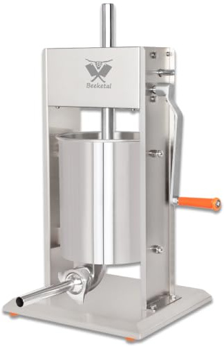 Beeketal 'BT010' Edelstahl Industrie Wurstfüllmaschine (10 L Volumen) SGS-geprüft, Profi Wurstfüller mit gehärtetem 2 Gang Vollmetall-Getriebe und 90° Aluguss Handkurbel, inkl. 5 Fülltüllen