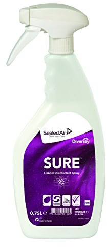 Diversey SURE Cleaner Disinfectant Spray, plant based, 100% biodegradable, environmentally friendly, 750 mL | Meets OECD 301B guidelines for 100% biodegradability in eco-friendly, fully recycled plastic packaging with vegan formula.