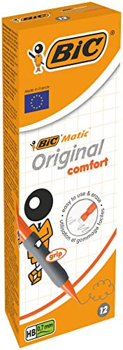 BIC Matic Original Comfort, Porte-mines avec mine HB résistante à la pression 0,7 mm, couleurs de corps assorties (bleu, orange, jaune et gris), lot de 12