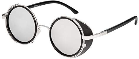 Ultra Steampunk Sonnenbrille 50er-Jahre, runde Gläser mit UV400-Schutz, gold, silber, braun, blau, verspiegelter Leoparden-Print und Tee, Kupfer, Schwimmbrille, Rave, Gothic, Vintage Gr. Erwachsene Standard, Silver Frame with Mirrored Silver Lenses