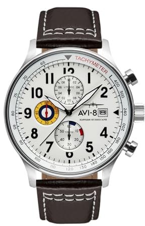 AVI-8 Herren 42mm Hawker Hurricane Classic Chronograph Classic White Japanische Quarz-Fliegeruhr mit Lederarmband AV-4011-01