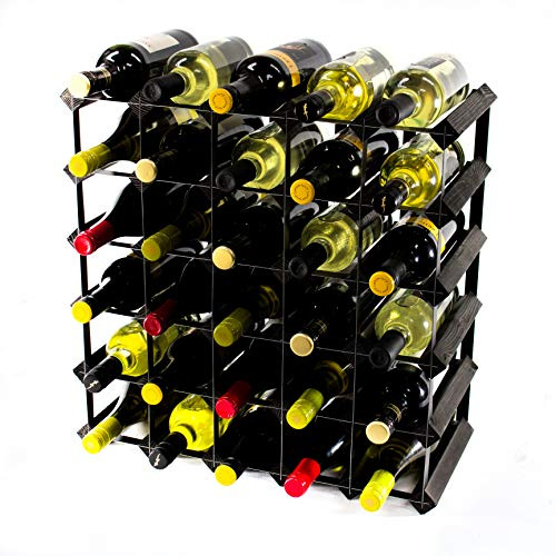 Classic 30 Bottle Wine Rack, Black Stained Wood and Black Metal