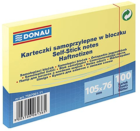 DONAU 7587001-11 Eco Würfel Haftnotizen Gelb Selbstklebende Sticky Notes 105x76mm, 1x100 Blatt für Büro Schule