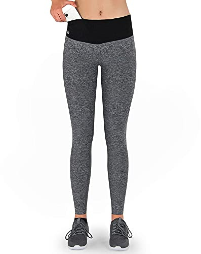Formbelt Damen Laufhose lang mit Taschen grau Melange - high Waist Leggins Sporthose Leggins hoher Bund Hüfttasche für Smartphone iPhone Handy (grau, M)