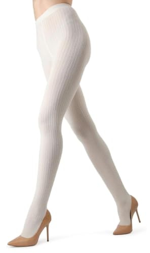 MeMoi Quality Fuzzy Winter Sweater Rib Tights, Winter White, L/XL