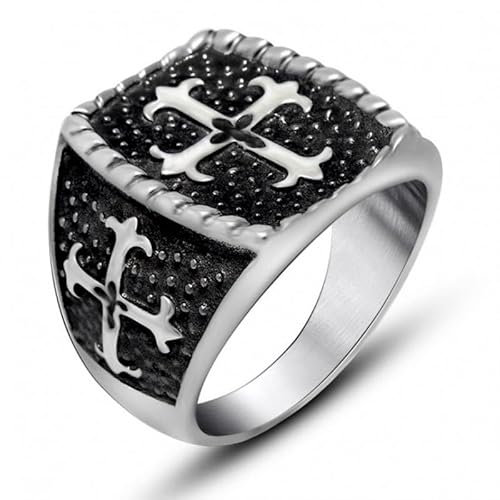 BOBIJOO JEWELRY - Siegelring Herren Stahl Edelstahl Schwarz Kreuz Lilien Templar, Gott, Papst, König Ring - 20,1 (10 US), Edelstahl 316