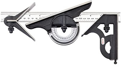 Starrett 435ME-300 Winkelmesserköpfe aus Gusseisen mit quadratischen, mittleren und reversiblen Winkelmesserköpfen mit regulärem Klingenkombinationssatz, schwarzes Knitterfinish, Größe 300 mm