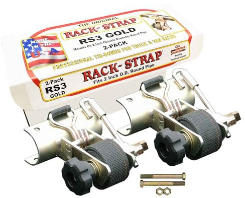 2 Pack, Rack-Strap Ladder Rack Tie-Downs, Round Mounting Bracket, RS3 Gold 2 Inch Diameter Round Mounting Bracket, Bolt Mounting Hardware Included, 8 Foot Black Strap