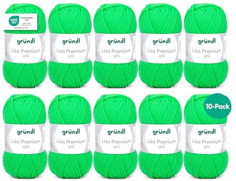 Gründl Wolle Lisa Premium uni - 10 x 50 g - Wolle zum Häkeln - Wolle zum Stricken - 100 % Polyacryl- Weich & Pflegeleicht- Nadelstärke 3,5-4,5 - Neongrün