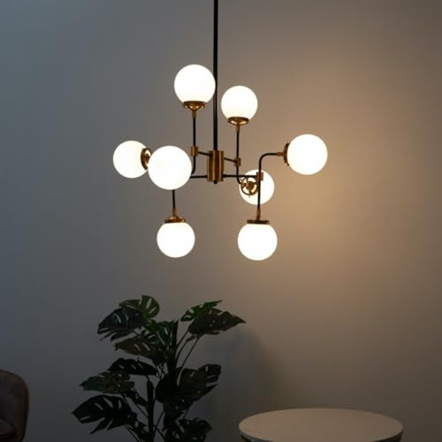 KosiLight - Industrielle Hängeleuchte Gold mit 8 Lichter - Weiß Glas Zenith - Schwarz und Kupfer - - Metall - IP20 -