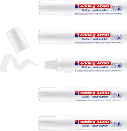 edding 4090 Kreidemarker - weiß - 5 Kreidestifte - Keilspitze 4-15 mm - breiter Kreidestift für Tafel abwischbar - zum Beschriften von Fenster, Glas, Spiegel - Tafelstift mit deckenden Farben