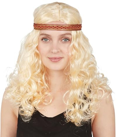 P' Clown - 68650 – Hippie-Perücke für Damen – Hippie's Wig – Kostümzubehör – Karneval, Festival, Pride, Neujahr, Halloween, Mottoparty – Synthetisches Haar – lockiges Blond, Haarband
