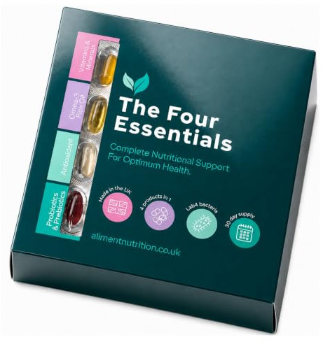 Aliment Four Essentials Health Pack – Complete Daily Nutrition System | Multivitamin, Omega-3, Antioxidants & Lab4® Probiotic | 30 Day Supply | UK Made