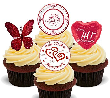 Ruby Wedding 40th Anniversary Edible Cupcake Toppers - Stand-up Wafer Cake Decorations (Pack of 12)