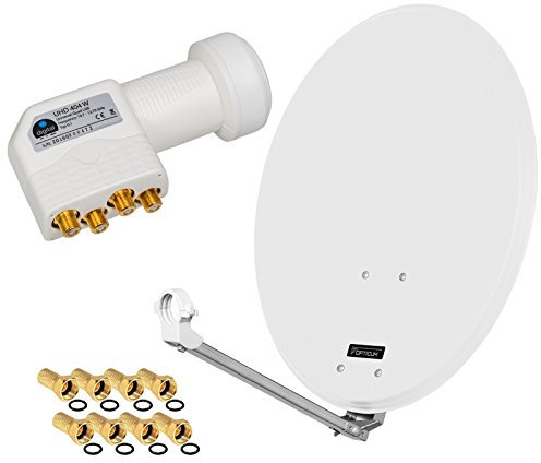 HD Digital SAT Anlage 60cm ALU Spiegel Schüssel Hellgrau+ Quad LNB 4 Teilnehmer zum Empfang von DVB-S/S2 Full HD 3D 4K Ultra HD (UHD) Signale + Stecker Gratis dazu im Set