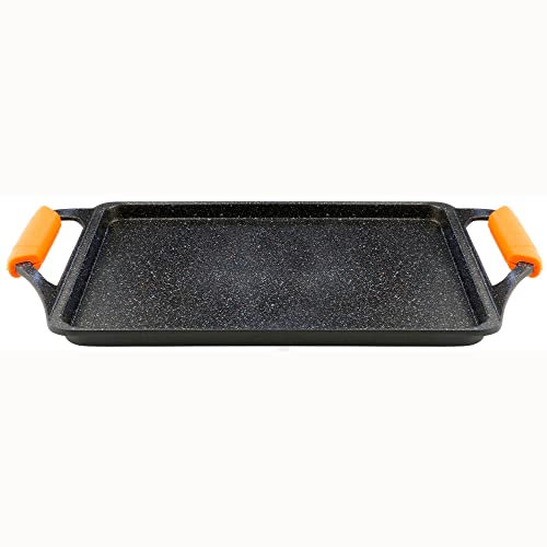 WECOOK! Ecochef Bandeja Asadora Inducción, Plancha de Asar 37 X 25cm, Aluminio Fundido, Antiadherente Titanio QUANTANIUM Ecológico sin PFOA, 5mm Espesor, Asas de Silicona, Vitrocerámica, Gas, Horno