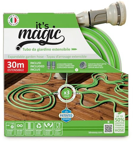 Idroeasy Magic Soft, Il Tubo Estensibile da Giardino Che Si estende Fino a 2,5 Volte la Sua Lunghezza Iniziale Made in Italy (30) t, verde