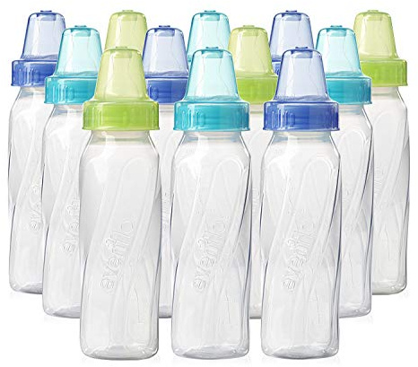 Evenflo Feeding Classic Clear Plastic Standard Neck Bottles for Baby, Infant and Newborn - Teal/Green/Blue, 8 Ounce (Pack of 12)