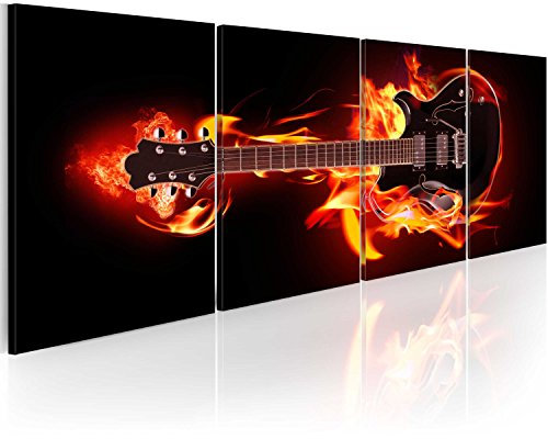 B&D XXL - Wandbilder XXL Musik 160x60 cm Vlies Leinwandbild 4 Teilig Kunstdruck modern Wandbilder XXL Wanddekoration Design Wand Bild - brennende Gitarre 030205-10