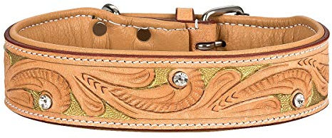 MICHUR GoldenEye Hundehalsband Leder, Lederhalsband Hund, Halsband, Leder, BEIGE, Caramel, Braun, Gold, MIT STANZUNGEN UND FARBHINTERLEGUNG mit Strasssteinen, in verschiedenen Größen erhältlich