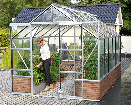 Gartenwelt Riegelsberger Gewächshaus Cassandra - Ausführung: 9900 ESG 3 mm Alu, Fläche: ca. 9,9 m², mit 4 Dachfenster, Sockel: 2,56 x 3,88 x 0,50 m