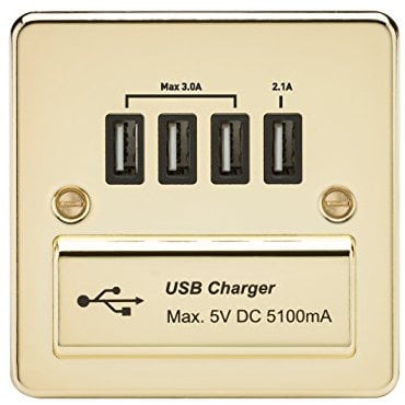 Knightsbridge Flat Plate Quad USB Charger in Polished Brass with Black Insert