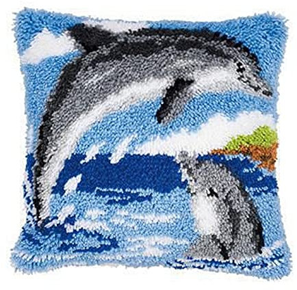 Vervaco Knüpfkissen Set Deko Kissenbezug Knüpfset für Anfänger 2 DELPHINE Basteln Erwachsene Kreativ DIY Handarbeit Set Kissen zum Selber Knüpfe ca. 40 x 40 cm Latch Hook Kit Knüpfhaken Set Kissen