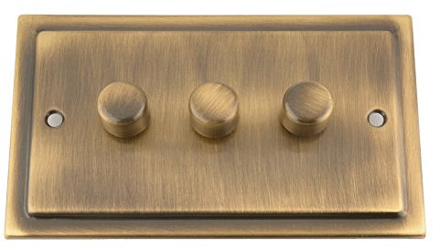 Light Dimmer Switch 3 Gang 2 Way 10 Amp - Push On/Off 400W - Victorian - Antique Brass