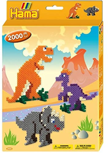 Hama Perlen 3434 Geschenk-Set Dino mit ca. 2.000 bunten Midi Bügelperlen mit Durchmesser 5 mm, Stiftplatte, inkl. Bügelpapier, kreativer Bastelspaß für Groß und Klein