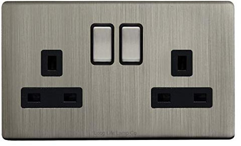 Double Wall Socket Switched Gloss Brushed Chrome 2 Gang Screwless 13a Double Pole N410DME