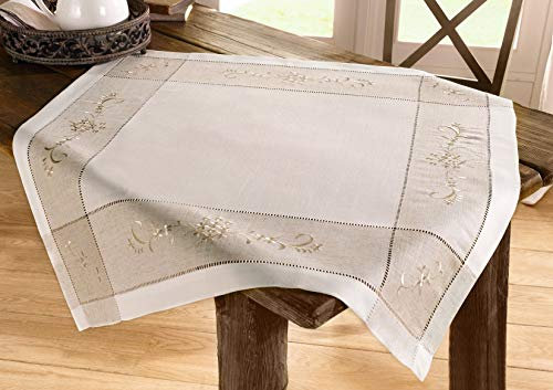Tischdecke im Landhaus-Stil, Creme, 85x85 cm, Leinen Mischung, Tischtuch Bestickt mit Ranken-Motiv und Hohlsaum