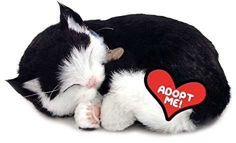 Perfect Petzzz 92554 Plüschkatze mit Körbchen, Größe 25 cm, Kuscheltier atmet wie EIN echtes Haustier, schlafende Katze mit Halsband, Stofftier mit flauschigem Fell, Schwarz/Weiß
