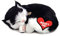 Perfect Petzzz 92554 Plüschkatze mit Körbchen, Größe 25 cm, Kuscheltier atmet wie EIN echtes Haustier, schlafende Katze mit Halsband, Stofftier mit flauschigem Fell, Schwarz/Weiß